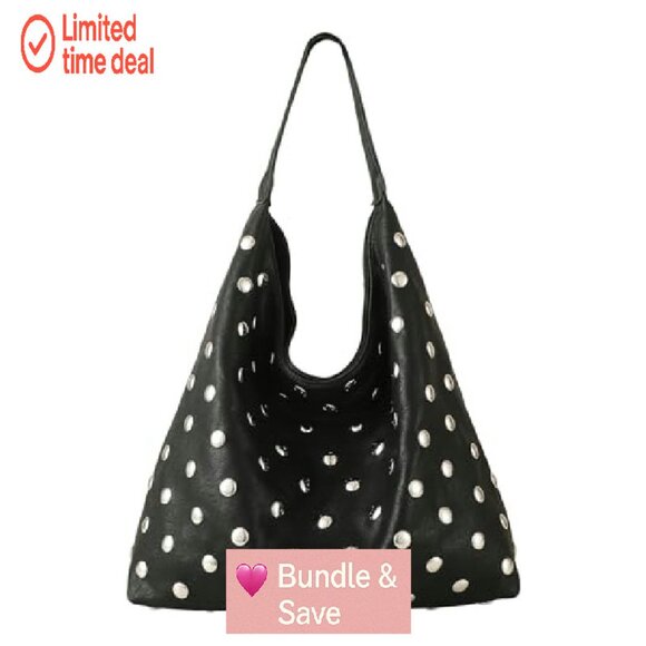 Large Vegan Leather Studded Hobo Tote Bag with Magnetic Closure - Picture 5 of 7